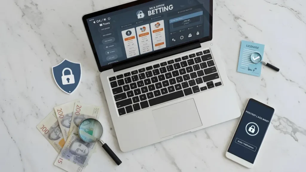 Laptop with betting website, security shield, license document, and Swedish currency representing safe online betting