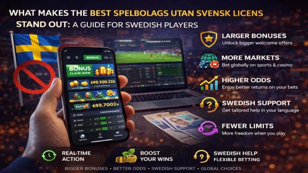 Spelbolag utan svensk licens comparison showing mobile betting app, bonuses, higher odds, and international betting features for Swedish players