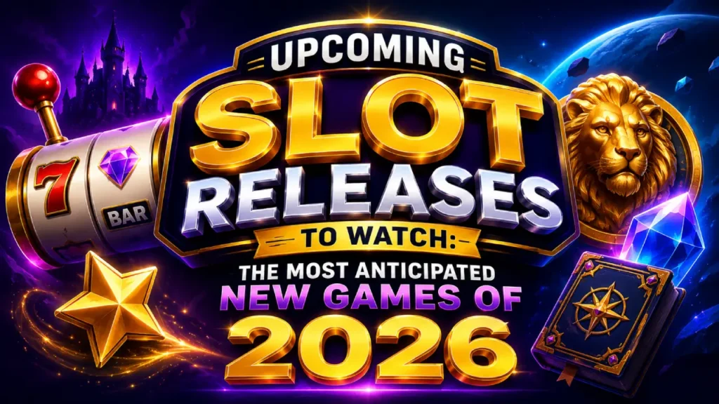 Promotional banner for the most anticipated slot game releases of 2026, featuring a golden 3D "Upcoming Slot Releases" title with casino-themed elements including a slot machine, lion emblem, gems, and a fantasy-inspired background.