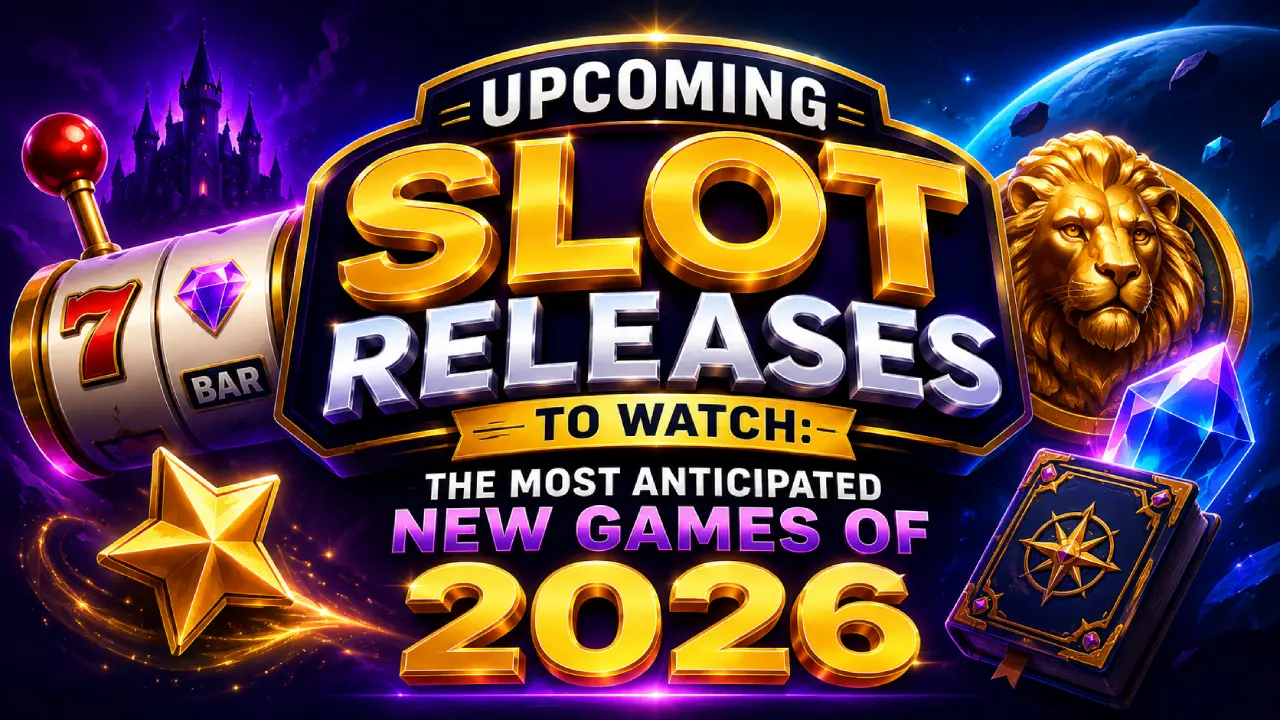 Promotional banner for the most anticipated slot game releases of 2026, featuring a golden 3D "Upcoming Slot Releases" title with casino-themed elements including a slot machine, lion emblem, gems, and a fantasy-inspired background.