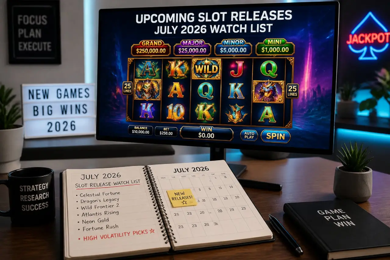 Desktop setup featuring a monitor displaying an upcoming slot releases watch list for July 2026, alongside a notebook with anticipated slot game titles, a monthly calendar marked for new releases, and casino-themed desk accessories.